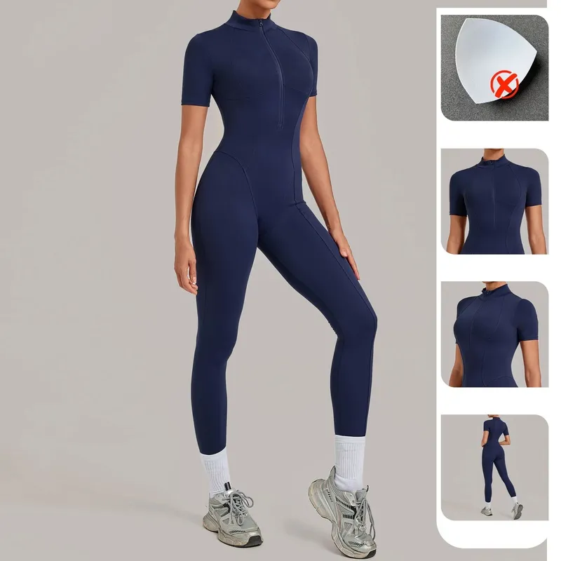 Gym One Piece Yoga Zipper Short Sleeve Fitness Jumpsuit for Women FGBQS2680