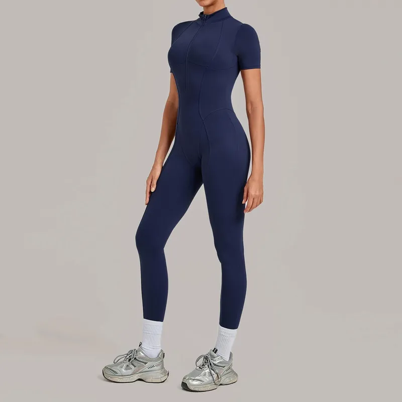 Gym One Piece Yoga Zipper Short Sleeve Fitness Jumpsuit for Women FGBQS2680