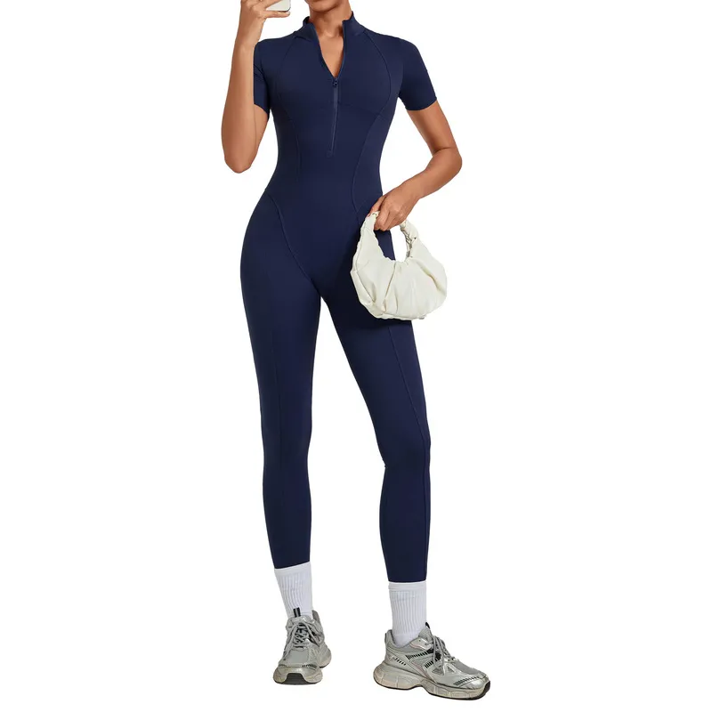 Gym One Piece Yoga Zipper Short Sleeve Fitness Jumpsuit for Women FGBQS2680