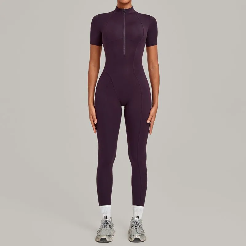 Gym One Piece Yoga Zipper Short Sleeve Fitness Jumpsuit for Women FGBQS2680
