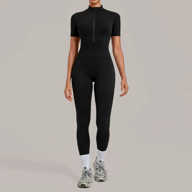 Gym One Piece Yoga Zipper Short Sleeve Fitness Jumpsuit for Women FGBQS2680
