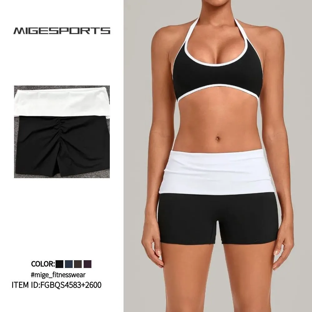 Beautiful Back Sports Bra with High-Elastic Halter Neck Fitness Shorts Yoga Wear Breathable Solid Pattern Sports Set FGBQS4583+2600
