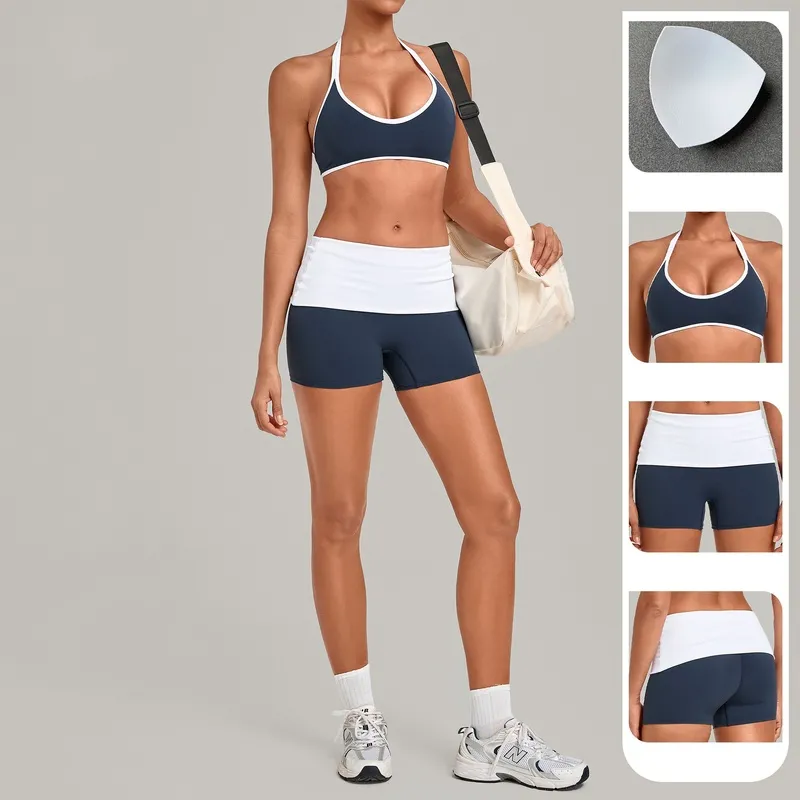 Beautiful Back Sports Bra with High-Elastic Halter Neck Fitness Shorts Yoga Wear Breathable Solid Pattern Sports Set FGBQS4583+2600