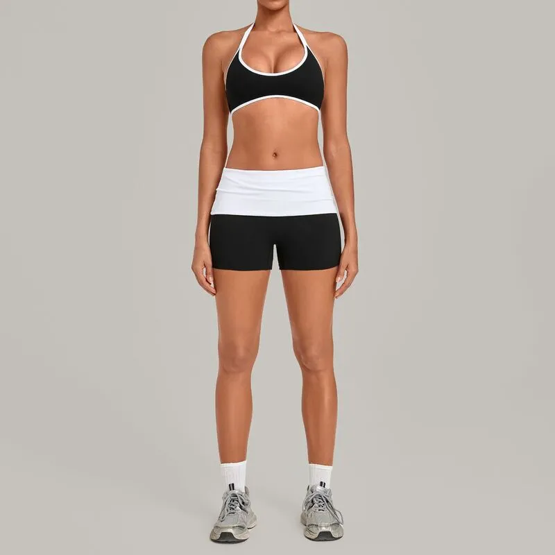 Beautiful Back Sports Bra with High-Elastic Halter Neck Fitness Shorts Yoga Wear Breathable Solid Pattern Sports Set FGBQS4583+2600