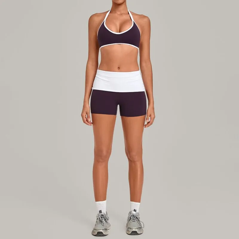 Beautiful Back Sports Bra with High-Elastic Halter Neck Fitness Shorts Yoga Wear Breathable Solid Pattern Sports Set FGBQS4583+2600