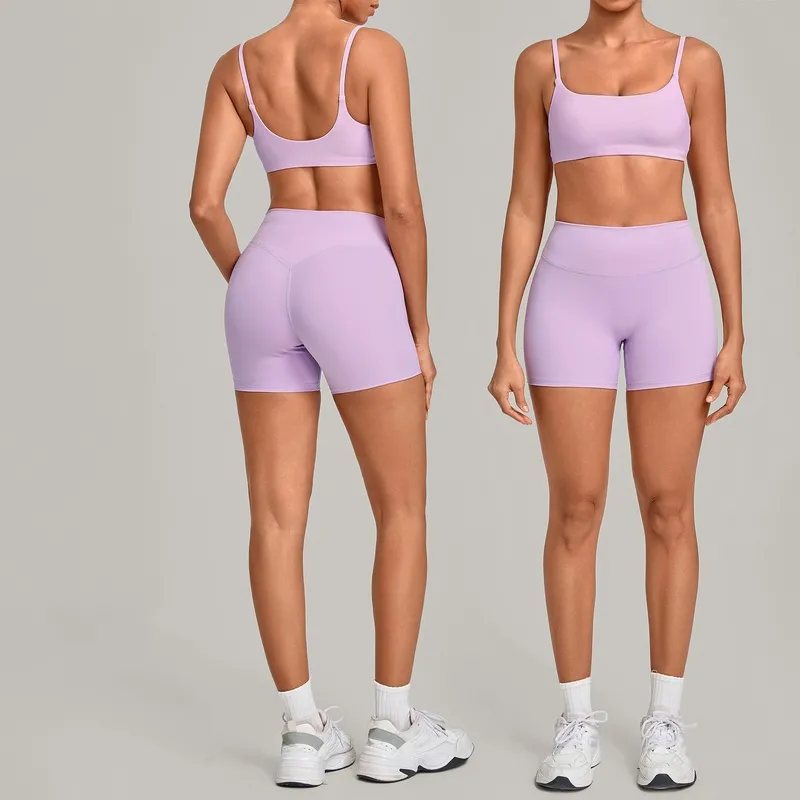 Women's Solid Color Yoga Clothing Set Fitness Bra Top Shorts Waist for Outdoor Sports FGBQS3599+5610
