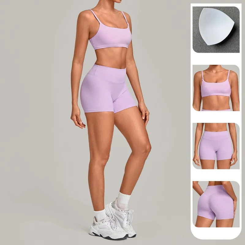 Women's Solid Color Yoga Clothing Set Fitness Bra Top Shorts Waist for Outdoor Sports FGBQS3599+5610