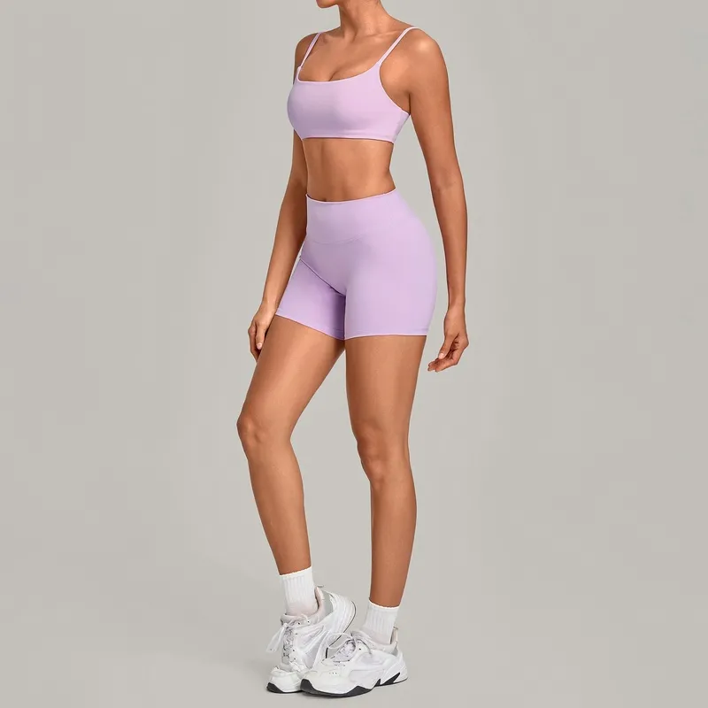 Women's Solid Color Yoga Clothing Set Fitness Bra Top Shorts Waist for Outdoor Sports FGBQS3599+5610