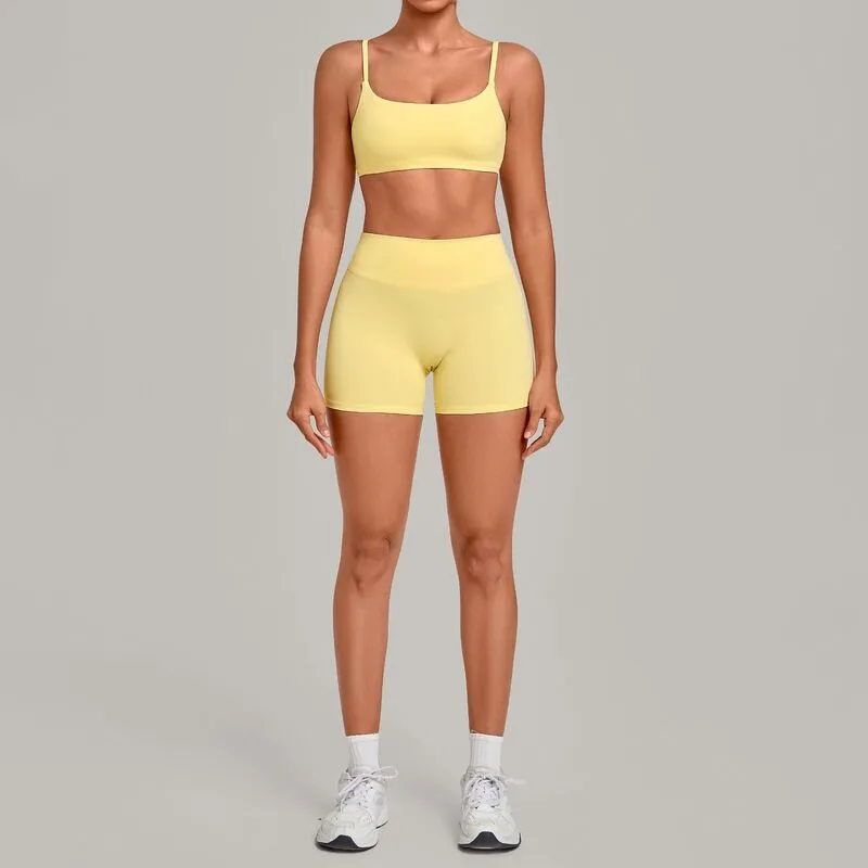Women's Solid Color Yoga Clothing Set Fitness Bra Top Shorts Waist for Outdoor Sports FGBQS3599+5610