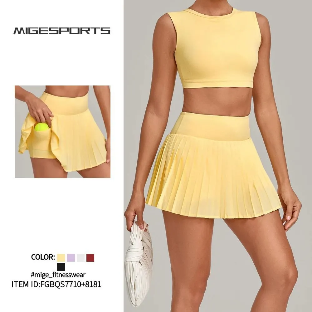Quick Dry Skirts and Tank Tops Set Casual Sports Workout Fitness Tennis Wear 2 Piece Outfit for Women FGBQS7710+8181