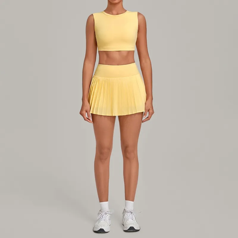 Quick Dry Skirts and Tank Tops Set Casual Sports Workout Fitness Tennis Wear 2 Piece Outfit for Women FGBQS7710+8181