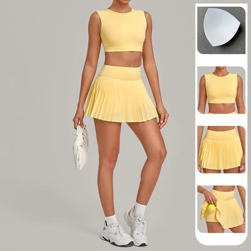Quick Dry Skirts and Tank Tops Set Casual Sports Workout Fitness Tennis Wear 2 Piece Outfit for Women FGBQS7710+8181