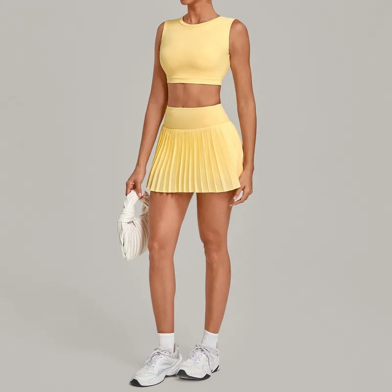 Quick Dry Skirts and Tank Tops Set Casual Sports Workout Fitness Tennis Wear 2 Piece Outfit for Women FGBQS7710+8181