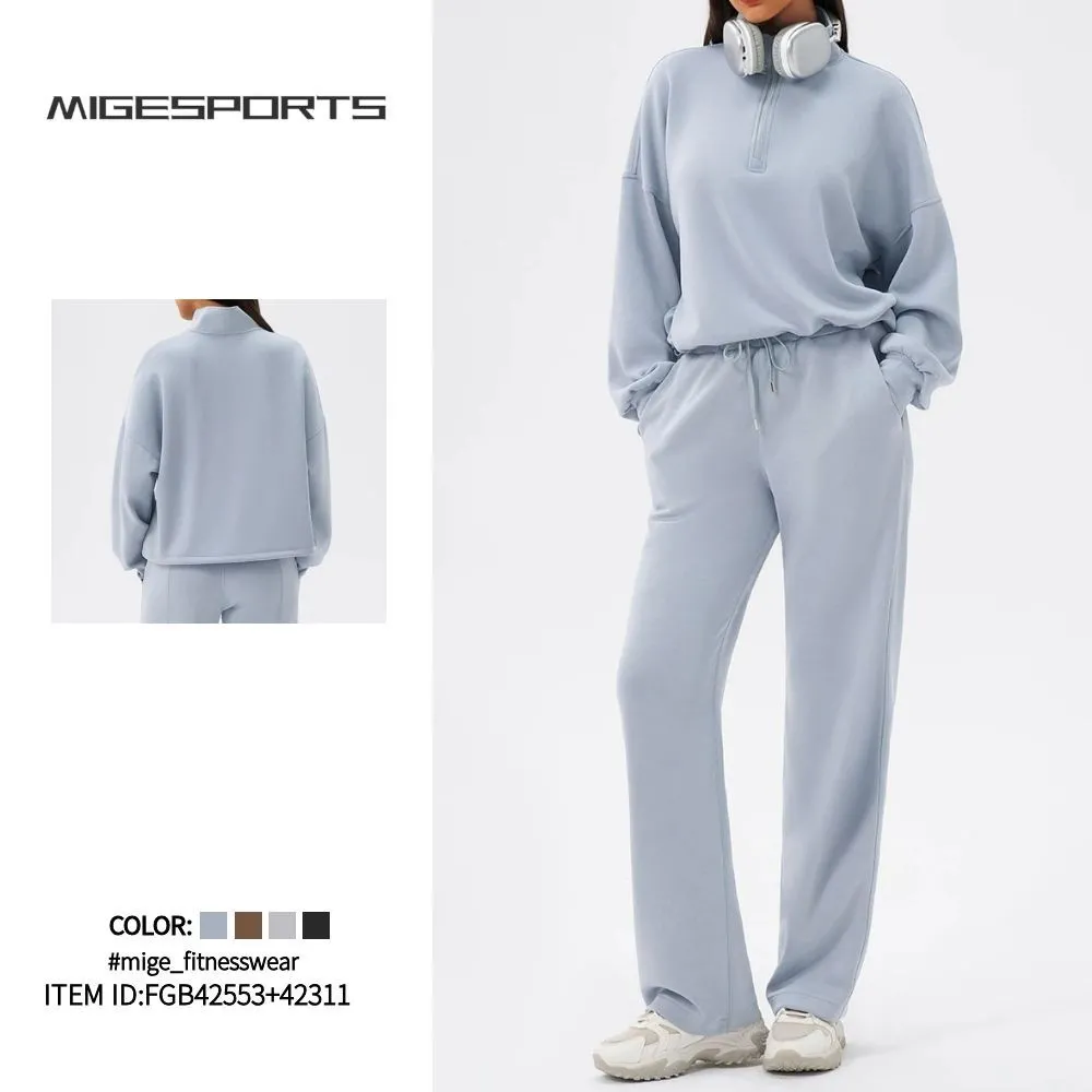 Women's Solid Long Sleeve Fitness Athletic Yoga Tops Comfortable Sports 2 Piece Yoga Set FGBYEL42553+42311