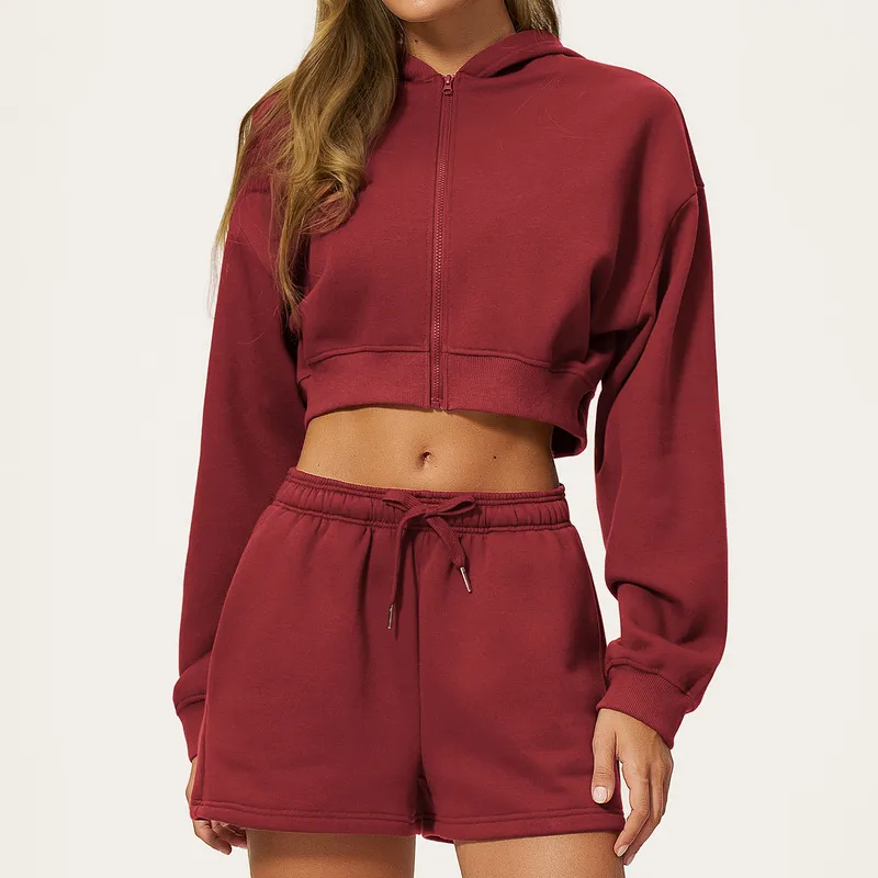 Cherry full-zip hoodie(crop)+casual shorts
