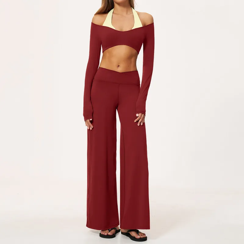 Retro red long sleeves tops+pants