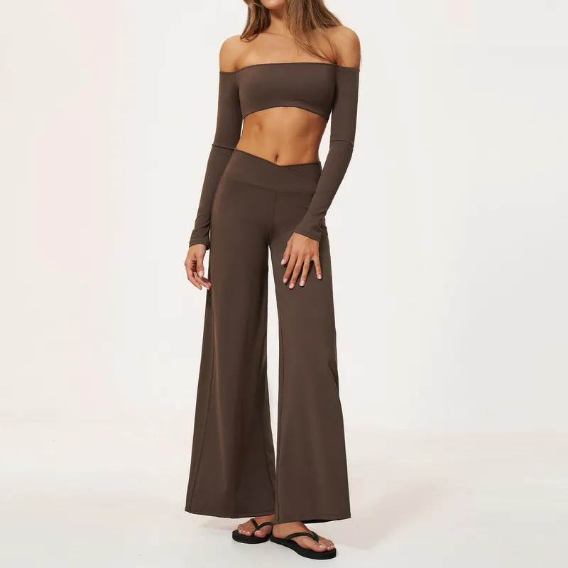 Brown off shoulder long sleeves+pants