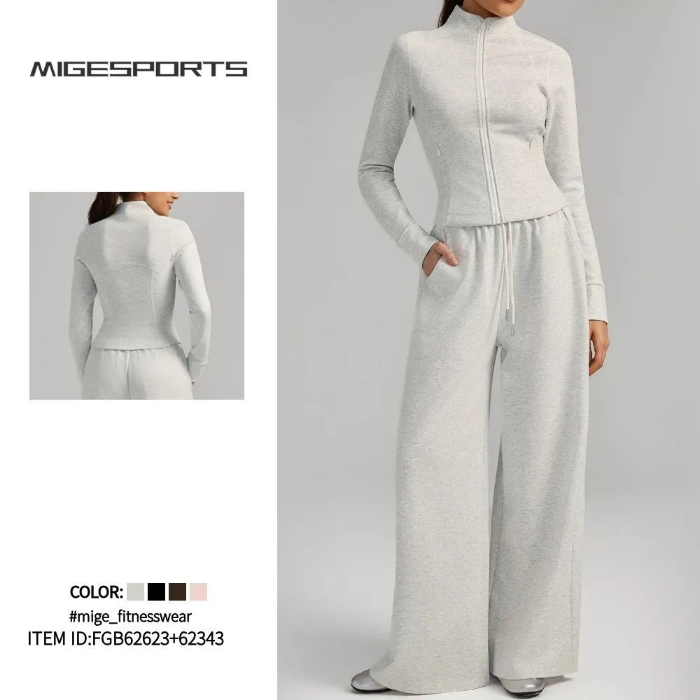 Women 2 Piece Yoga Set Pants Zip Solid Color Breathable Full Length Sports Wear Pockets FGBYEL62623+62343