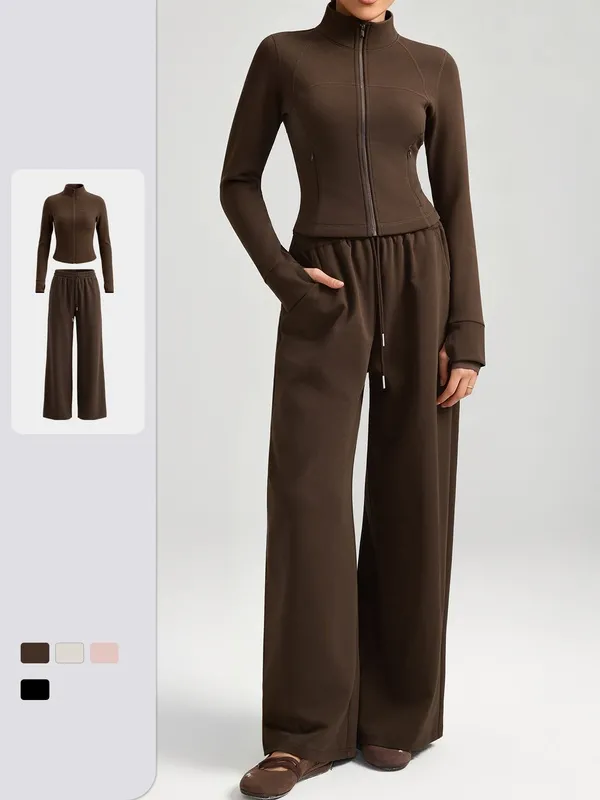 Women 2 Piece Yoga Set Pants Zip Solid Color Breathable Full Length Sports Wear Pockets FGBYEL62623+62343