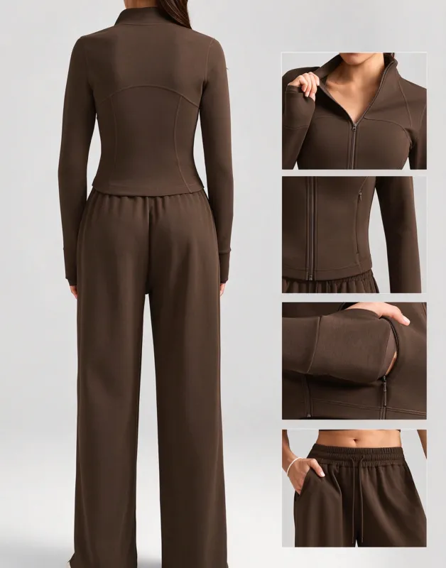 Women 2 Piece Yoga Set Pants Zip Solid Color Breathable Full Length Sports Wear Pockets FGBYEL62623+62343