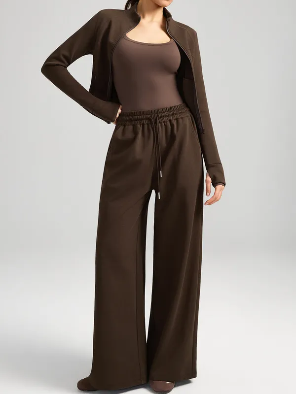 Women 2 Piece Yoga Set Pants Zip Solid Color Breathable Full Length Sports Wear Pockets FGBYEL62623+62343