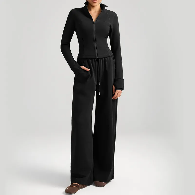 Women 2 Piece Yoga Set Pants Zip Solid Color Breathable Full Length Sports Wear Pockets FGBYEL62623+62343