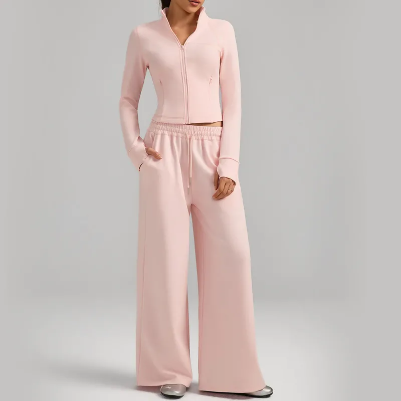 Women 2 Piece Yoga Set Pants Zip Solid Color Breathable Full Length Sports Wear Pockets FGBYEL62623+62343