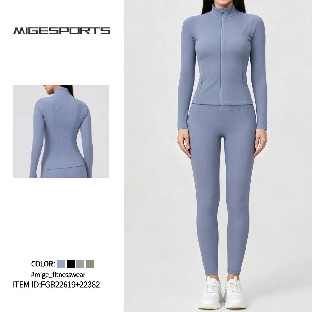 Solid Front Gym Clothing Long Sleeve Jacket Activewear High Waist Pants Workout Women Yoga Wear Set FGBYEL22619+22382
