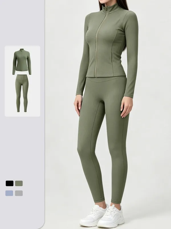 Solid Front Gym Clothing Long Sleeve Jacket Activewear High Waist Pants Workout Women Yoga Wear Set FGBYEL22619+22382