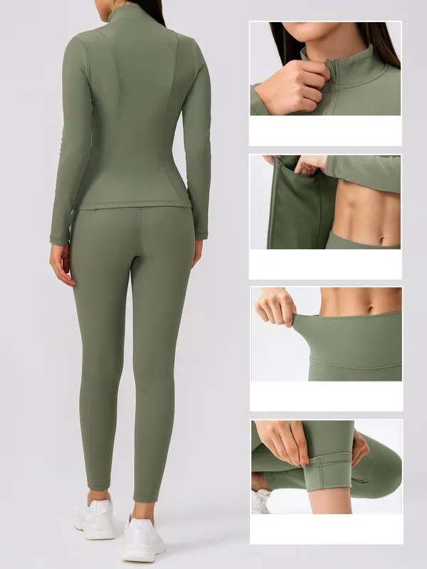 Solid Front Gym Clothing Long Sleeve Jacket Activewear High Waist Pants Workout Women Yoga Wear Set FGBYEL22619+22382