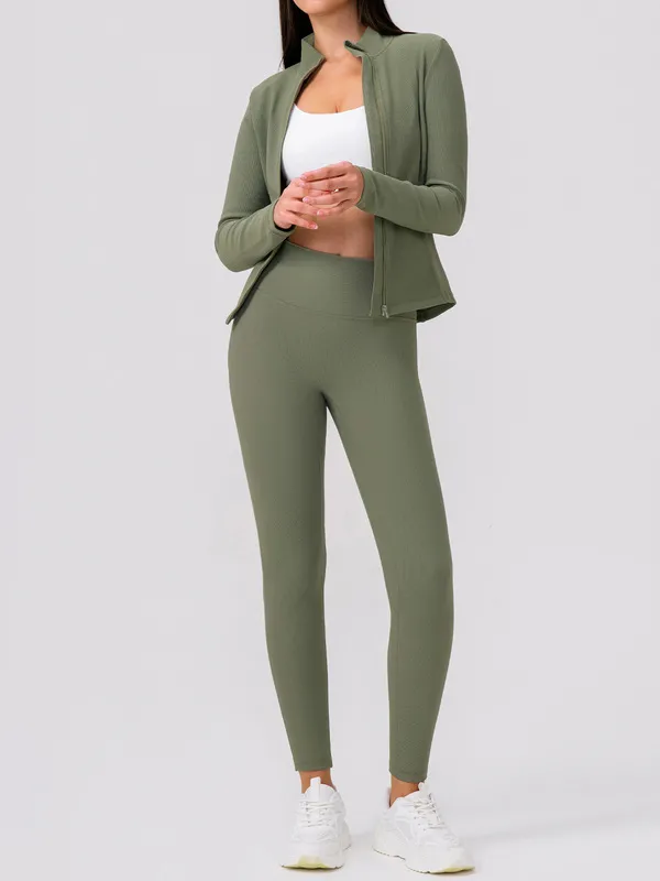 Solid Front Gym Clothing Long Sleeve Jacket Activewear High Waist Pants Workout Women Yoga Wear Set FGBYEL22619+22382