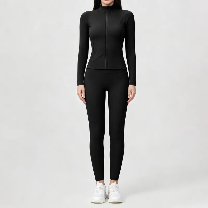 Solid Front Gym Clothing Long Sleeve Jacket Activewear High Waist Pants Workout Women Yoga Wear Set FGBYEL22619+22382