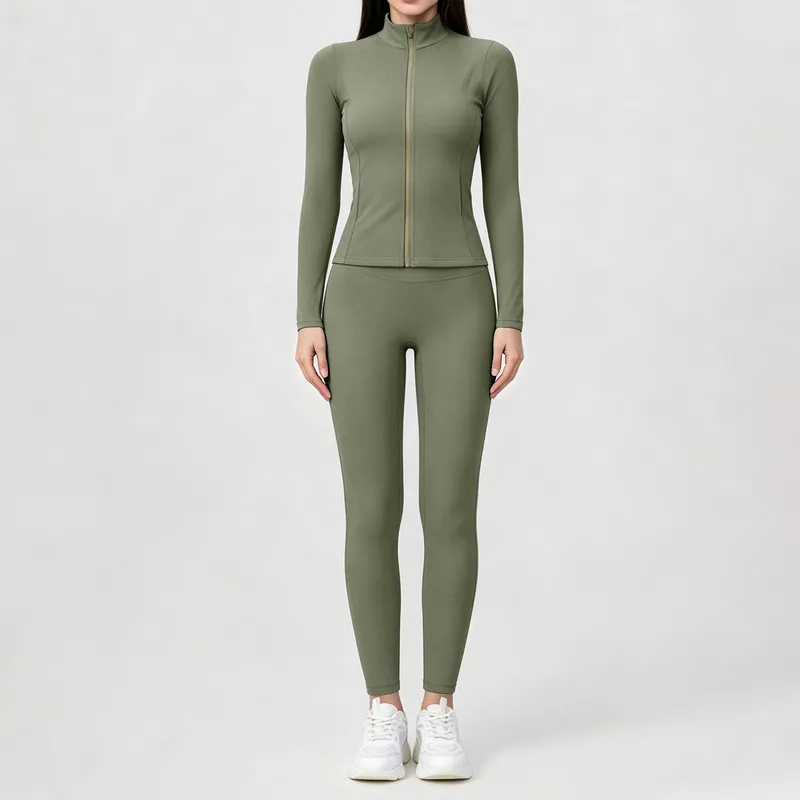 Solid Front Gym Clothing Long Sleeve Jacket Activewear High Waist Pants Workout Women Yoga Wear Set FGBYEL22619+22382