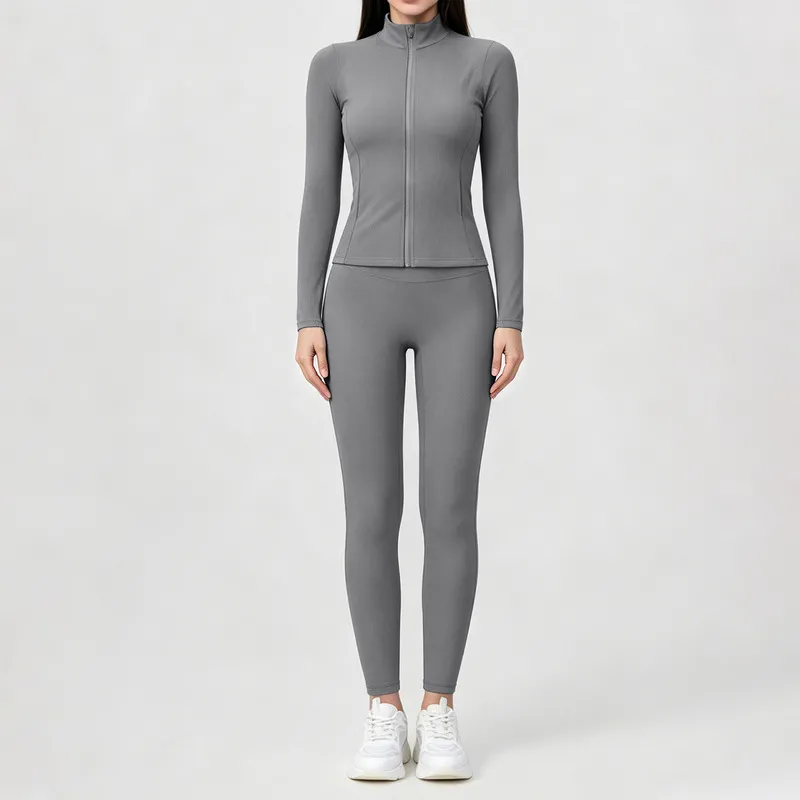 Solid Front Gym Clothing Long Sleeve Jacket Activewear High Waist Pants Workout Women Yoga Wear Set FGBYEL22619+22382
