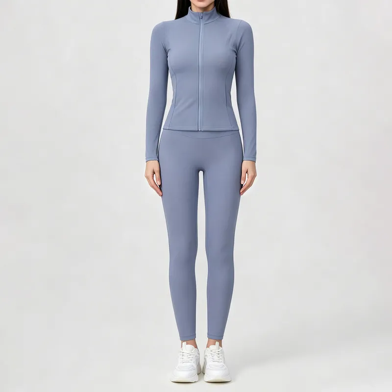 Solid Front Gym Clothing Long Sleeve Jacket Activewear High Waist Pants Workout Women Yoga Wear Set FGBYEL22619+22382