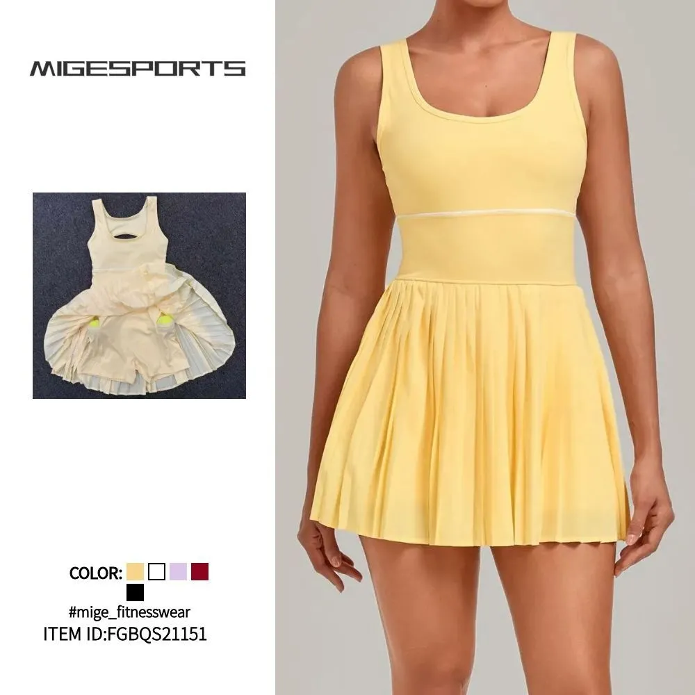 Women One Piece Tennis Dress Backless Square Neck Pleated Skirt Built Shorts Padded Quick Dry FGBQS21151