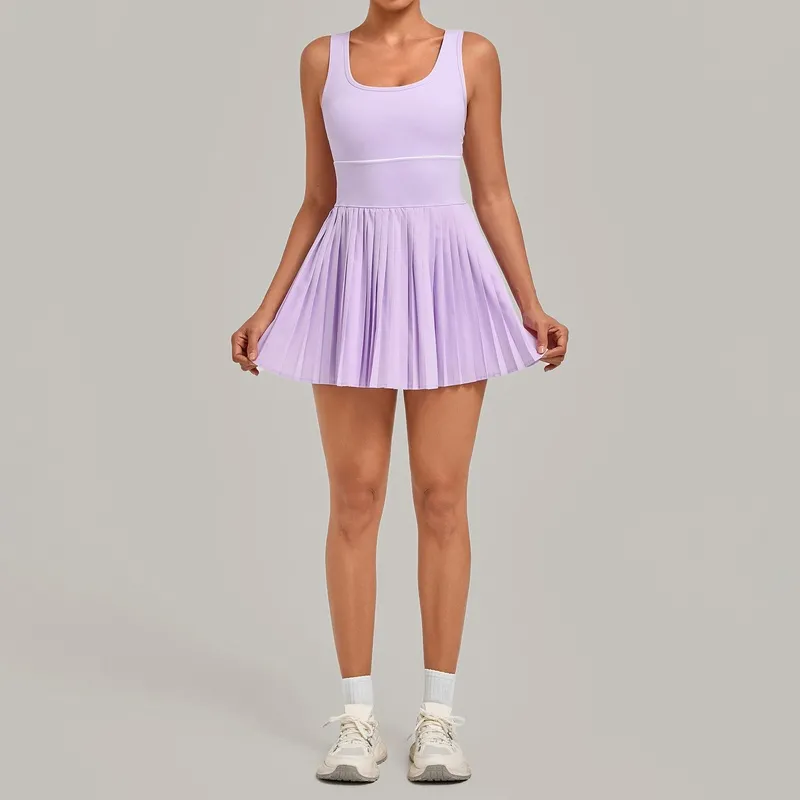 Women One Piece Tennis Dress Backless Square Neck Pleated Skirt Built Shorts Padded Quick Dry FGBQS21151