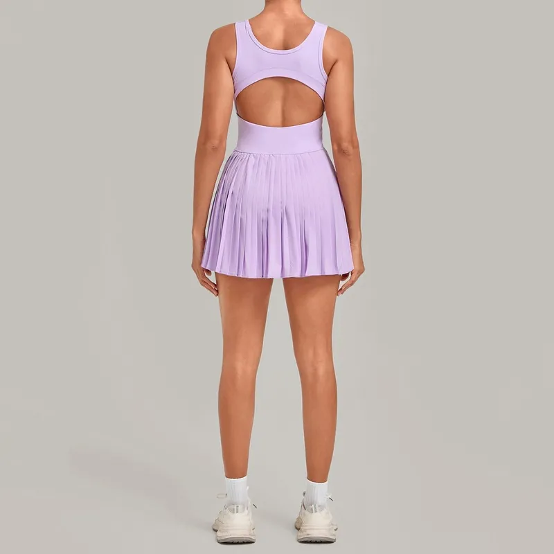 Women One Piece Tennis Dress Backless Square Neck Pleated Skirt Built Shorts Padded Quick Dry FGBQS21151