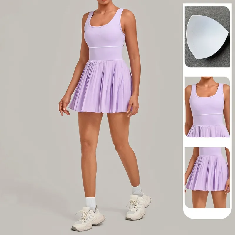 Women One Piece Tennis Dress Backless Square Neck Pleated Skirt Built Shorts Padded Quick Dry FGBQS21151