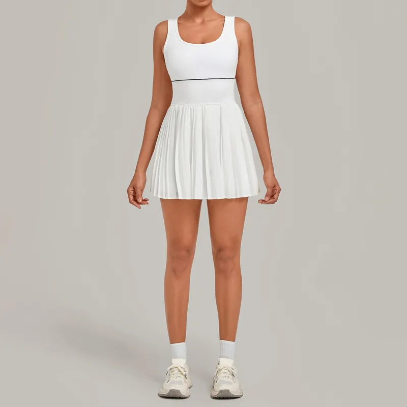Women One Piece Tennis Dress Backless Square Neck Pleated Skirt Built Shorts Padded Quick Dry FGBQS21151
