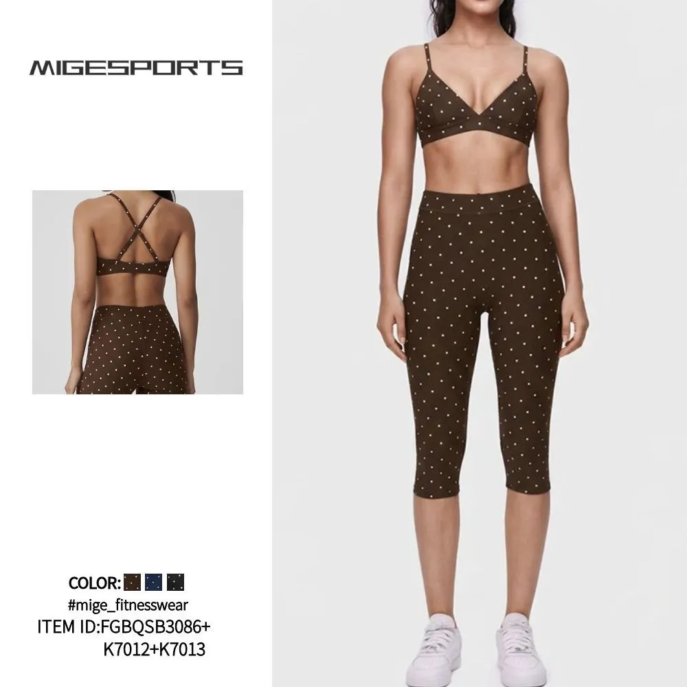 High Quality Quick Dry Activewear Polka Dot Print Bra Set Elasticity 3 Piece Women's Yoga Set FGBB3086+K7012+K7013