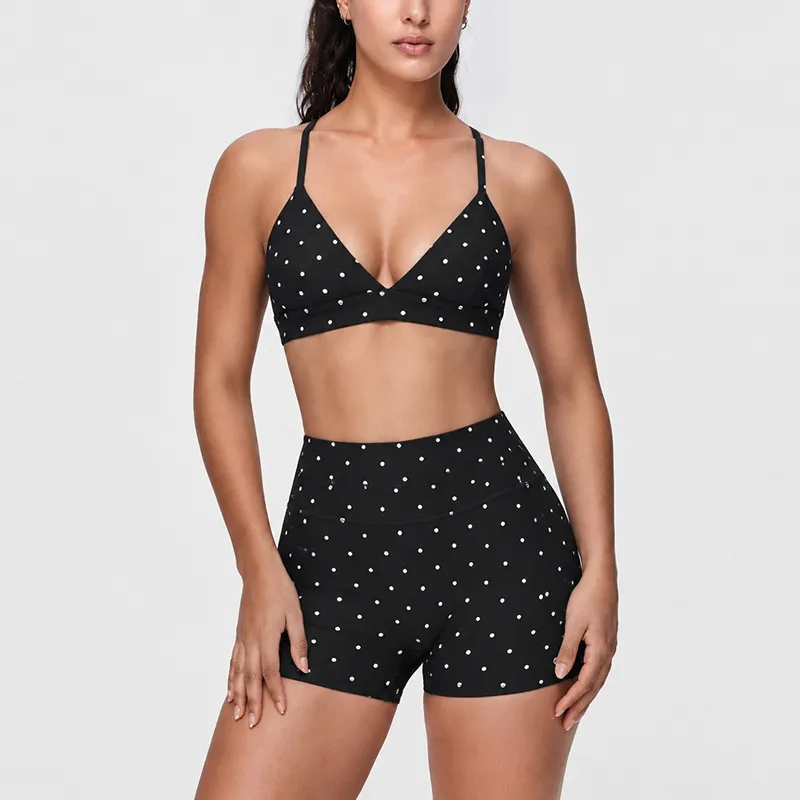 High Quality Quick Dry Activewear Polka Dot Print Bra Set Elasticity 3 Piece Women's Yoga Set FGBB3086+K7012+K7013