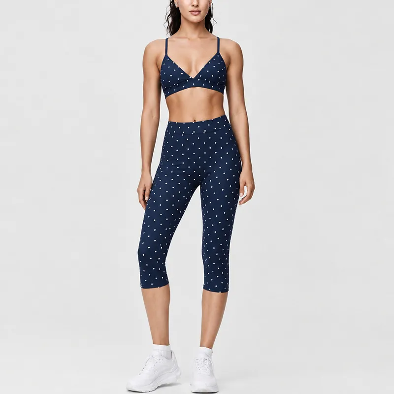 High Quality Quick Dry Activewear Polka Dot Print Bra Set Elasticity 3 Piece Women's Yoga Set FGBB3086+K7012+K7013