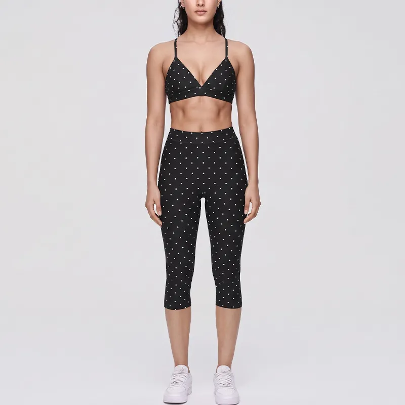 High Quality Quick Dry Activewear Polka Dot Print Bra Set Elasticity 3 Piece Women's Yoga Set FGBB3086+K7012+K7013