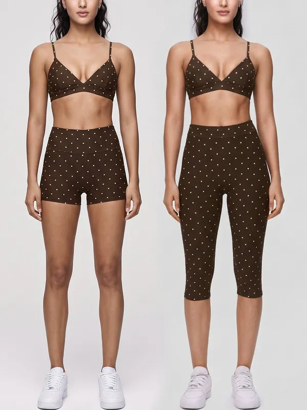 High Quality Quick Dry Activewear Polka Dot Print Bra Set Elasticity 3 Piece Women's Yoga Set FGBB3086+K7012+K7013